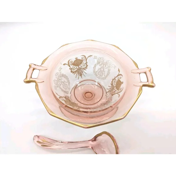 Pink Cambridge ? Gold Trim Mayonnaise Bowl and Ladle - Picture 4 of 9
